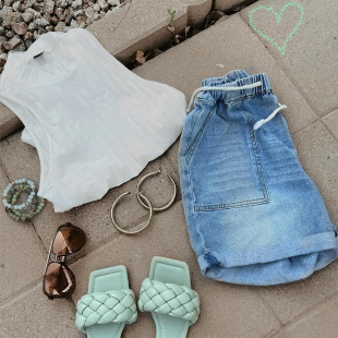 Denim outfit for girls - jean shorts, white top, and teal sandals