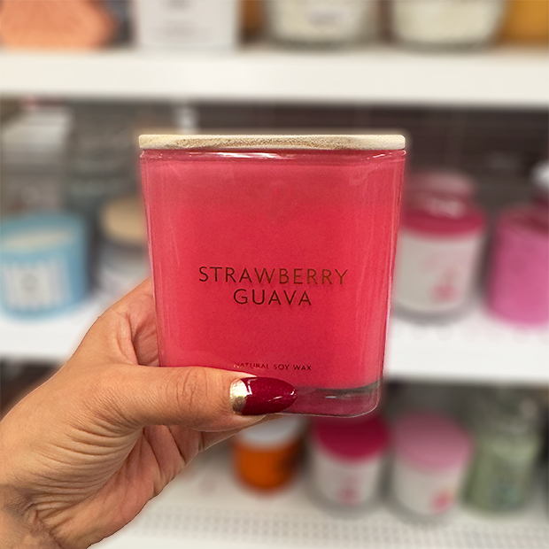 Strawberry Guava pink scented candle found in store at Ross.