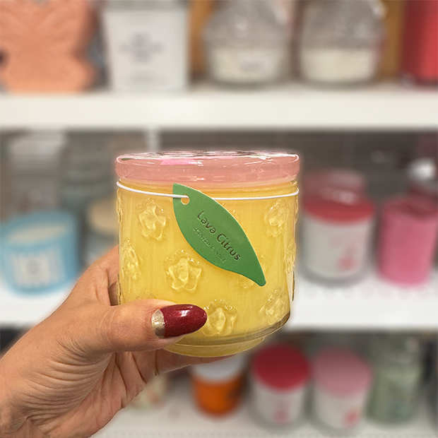 Lava Citrus yellow scented candle found in store at Ross.