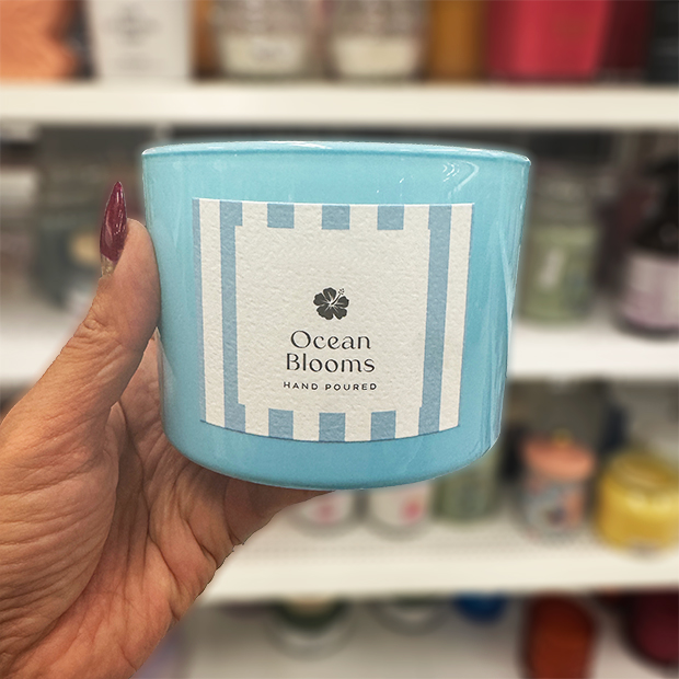 Ocean Blooms sky blue scented candle found in store at Ross.