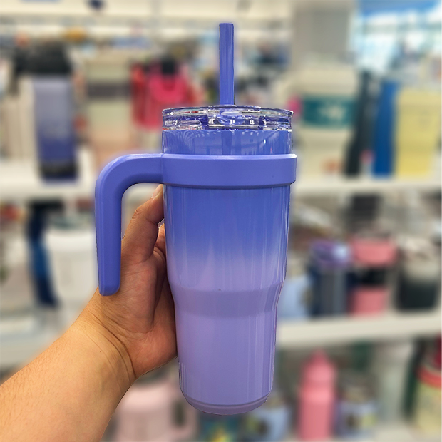Purple ombre cup with a handle and straw found in store at Ross.