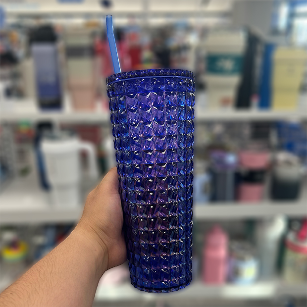 Purple beveled cup with straw found in store at Ross.