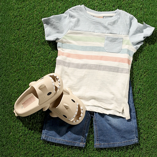 Children’s outfit with shark shaped sandals.