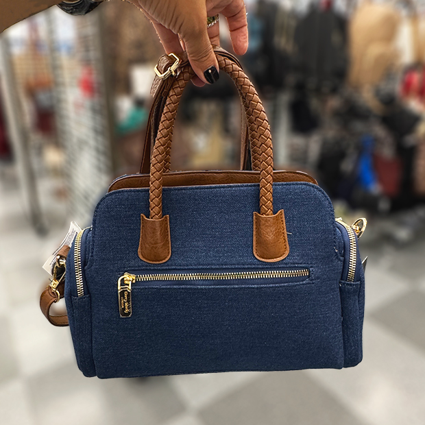 Denim and faux leather with gold hardware found in store at Ross.