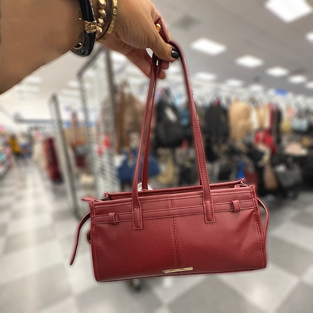Red handbag with gold hardware found in store at Ross.